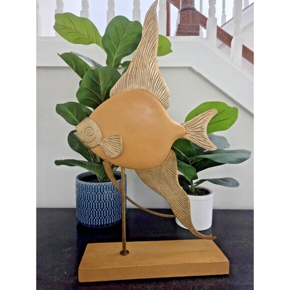 Frederick Cooper 22” Brass & Wood Angelfish Sculpture MCM Fish Vintage Decor - Picture 7 of 10